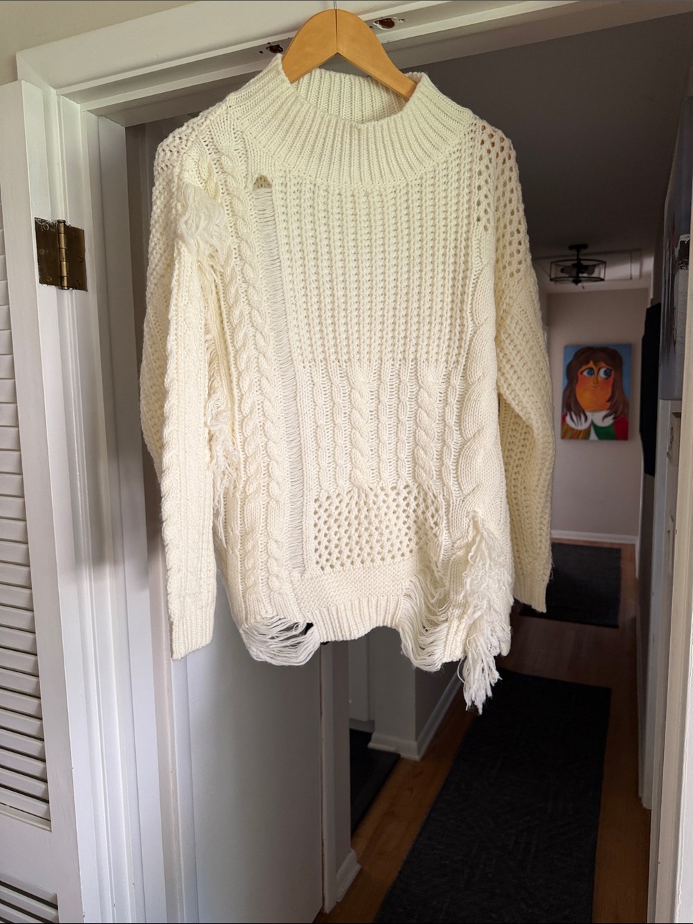 Lumiere Cream Distressed Cable-Knit Turtleneck Sweater